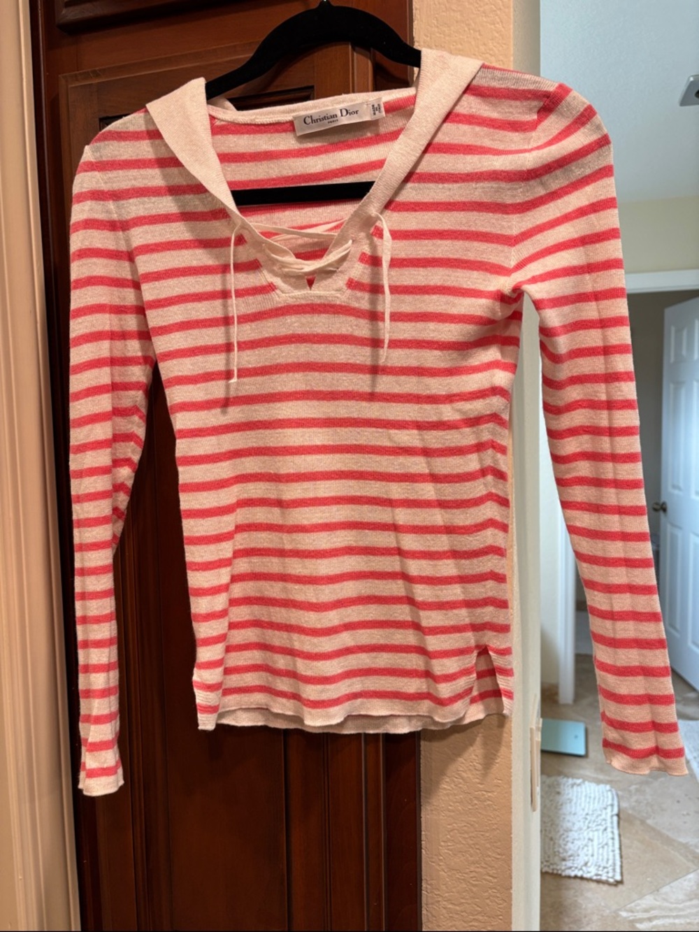 Dior Pink and White Striped Lace-Up Knit Top